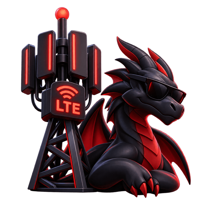Дракон Dragon VPN рядом с вышкой LTE — символ обхода заглушек мобильного интернета